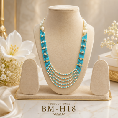 Premium Sky Blue Multi-Layer Beaded Long Haram Necklace with Crystal Star Connectors – BM-H18