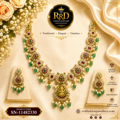 Premium AD Stone Necklace Set with Green Beads & Designer Earrings | SN-11482330