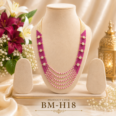 Premium Magenta Pink Multi-Layer Beaded Long Haram Necklace with Crystal Star Connectors – BM-H18