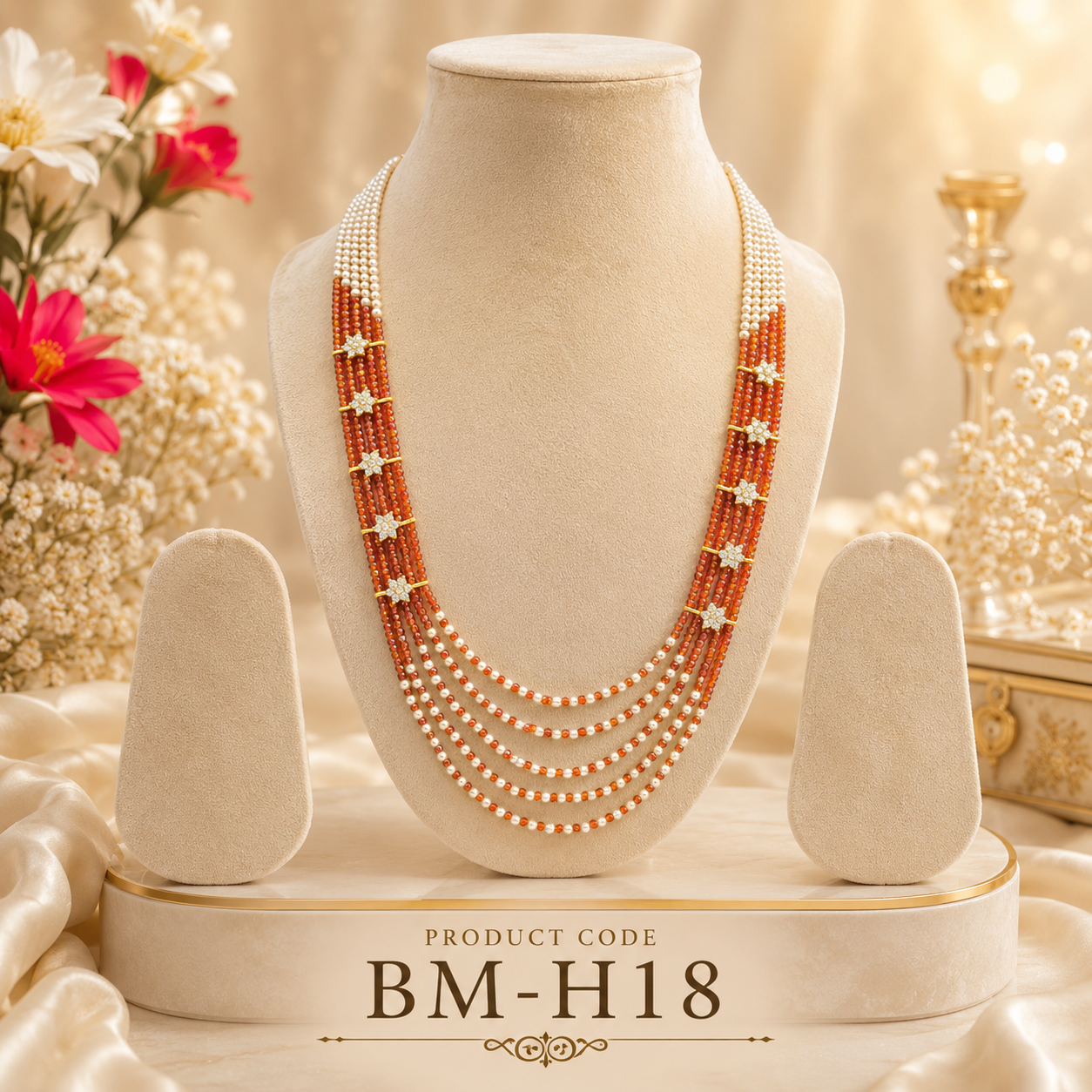 Premium Orange & Pearl Multi-Layer Beaded Long Haram Necklace with Crystal Floral Connectors – BM-H18