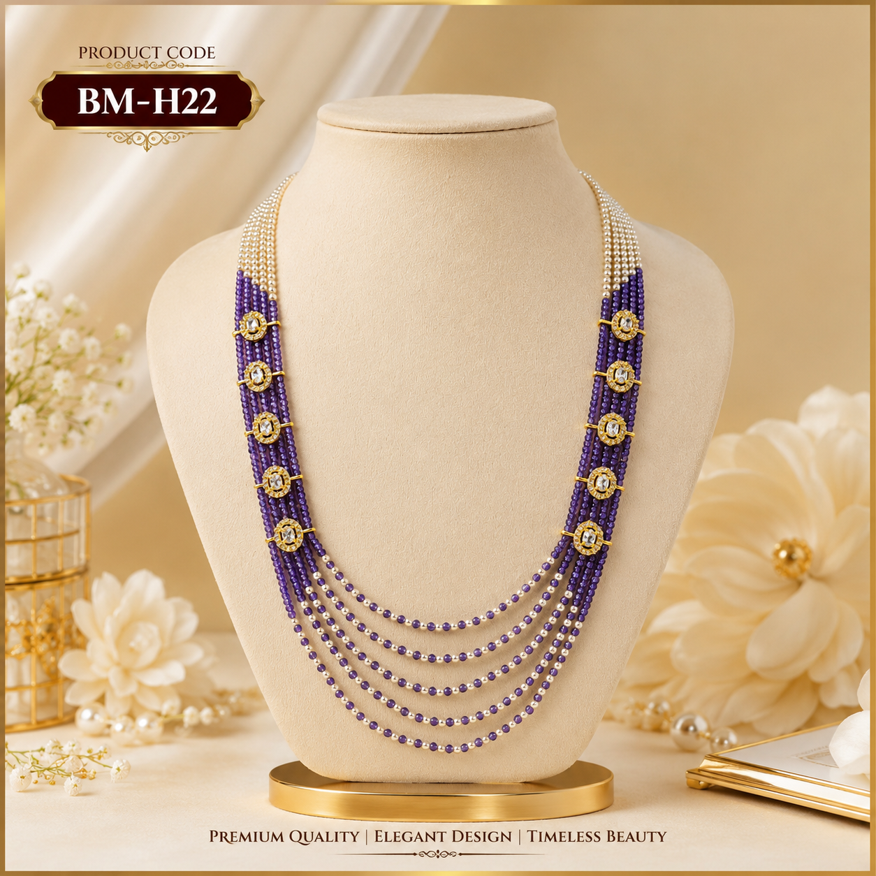 Premium Royal Purple Multi-Layer Beaded Long Haram Necklace with Crystal Round Connectors – BM-H22
