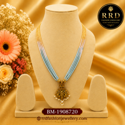 Premium Sky Blue Beads Antique Pendant Mala Necklace Set – BM-1908720
