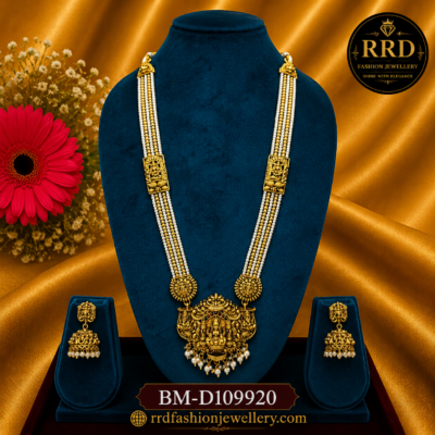 Premium Lakshmi Pearl Beads Mala Necklace Set with Antique Temple Pendant & Jhumka Earrings – BM-D109920