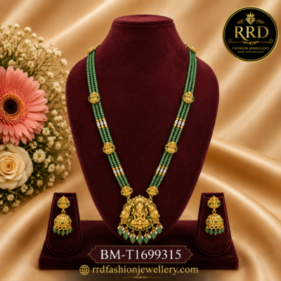 Premium Lakshmi Green Beads Mala Necklace Set with Temple Pendant & Jhumka Earrings – BM-T1699315