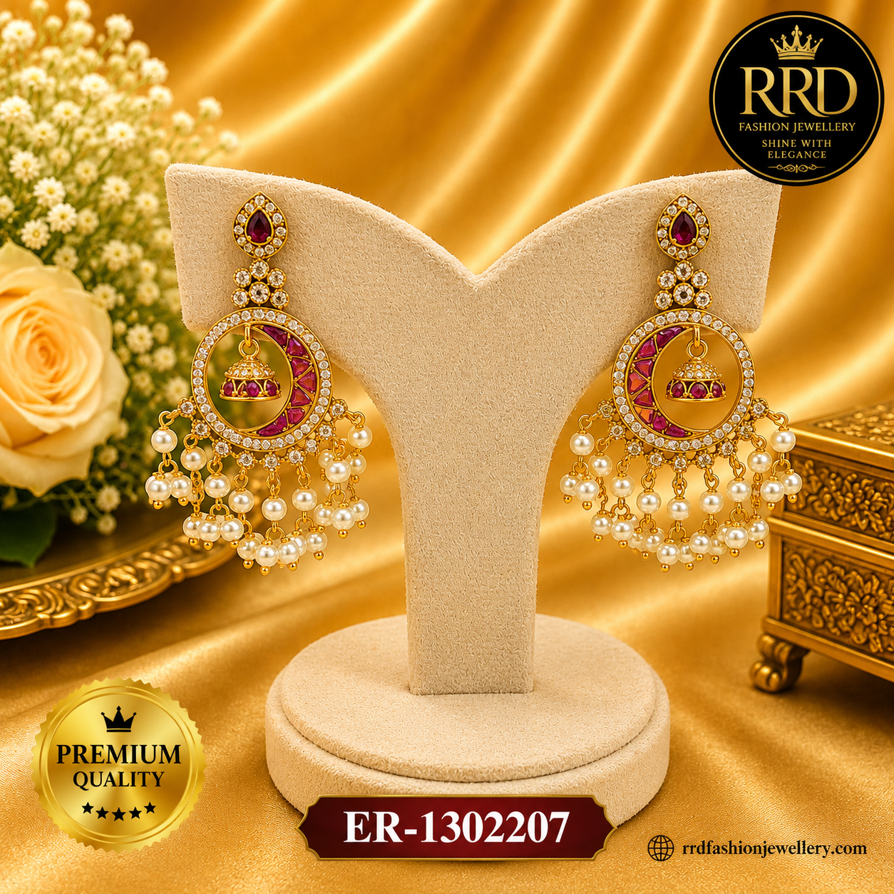 Premium Crescent Moon CZ Chandbali Jhumka Earrings with Pearl Tassels – ER-1302207