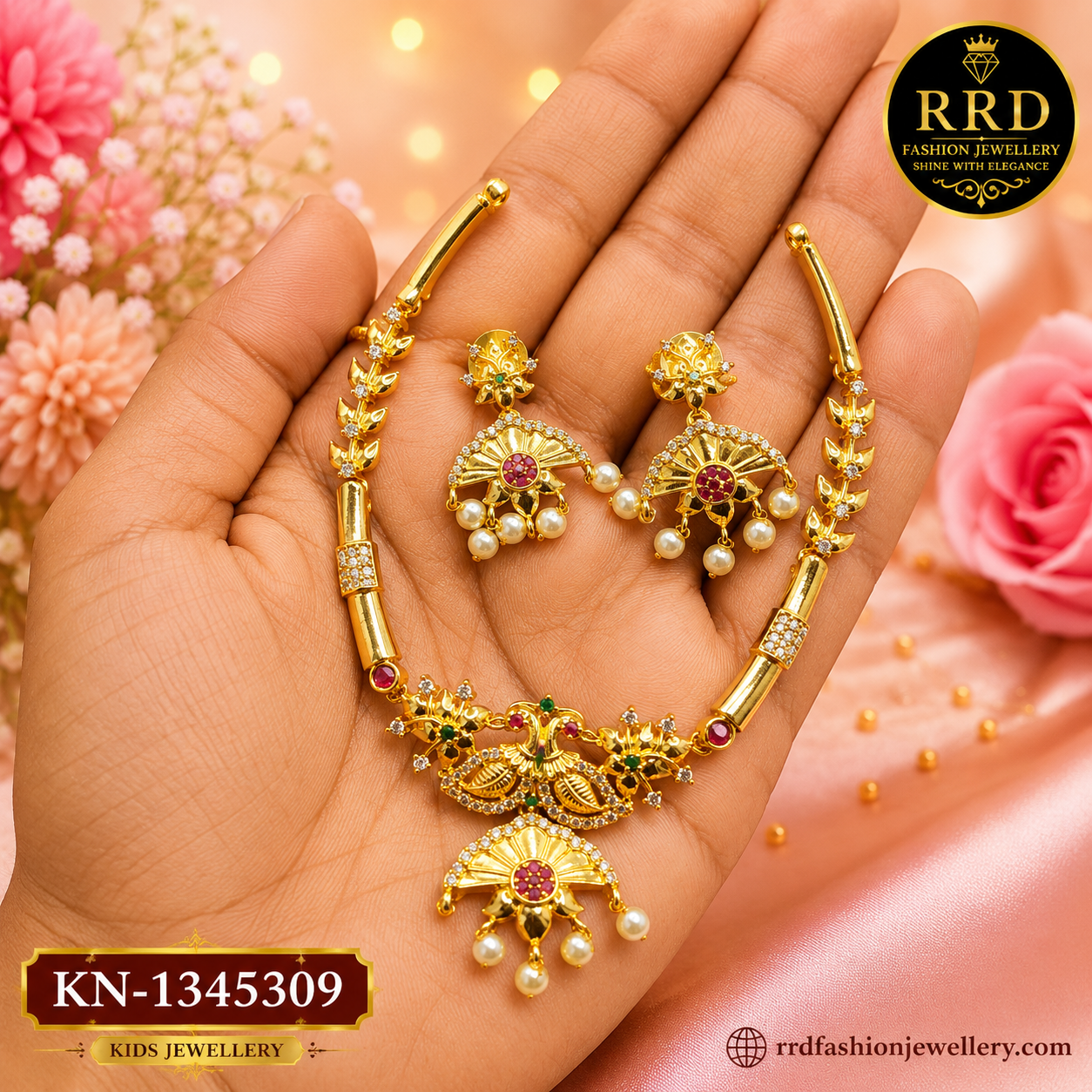 Kids Peacock CZ Pearl Drop Necklace Set with Matching Earrings – KN-1345309