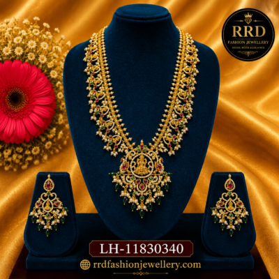 Premium Lakshmi Floral Temple Long Haram Necklace Set with Pearl & Green Bead Drops – LH-11830340