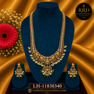 Premium Jadavu kundan Lakshmi Elephant Temple Necklace Set with Ruby Stones, Pearl & Green Bead Drops – LH-11830340