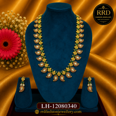 Premium Jadavu Kemp Long Haram Necklace Set with Green Oval Stones & Kundan Accents – LH-12080340