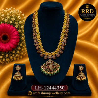 Premium Jadavu Kemp Mango Long Haram Necklace Set with Green Bead Drops & Jhumka Earrings – LH-12444350