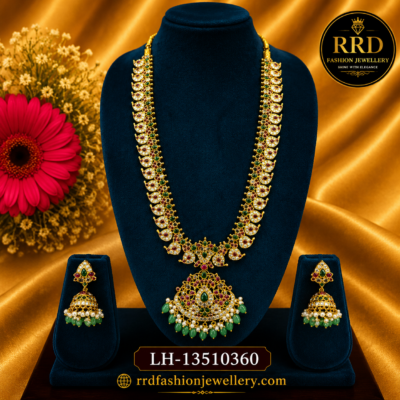 Premium Jadau Kundan Stone Long Haram Necklace Set with Green Bead Drops & Pearl Jhumkas – LH-13510360
