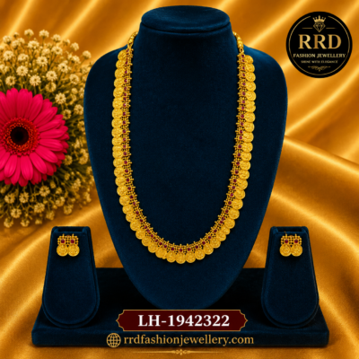 Premium Kasulaperu Coin Long Haram Necklace Set with Ruby Stone Accents – LH-1942322