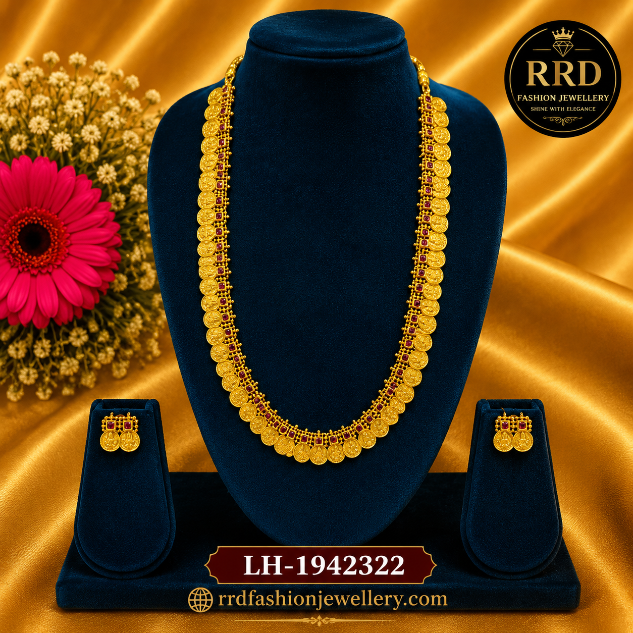 Premium Kasulaperu Coin Long Haram Necklace Set with Ruby Stone Accents – LH-1942322