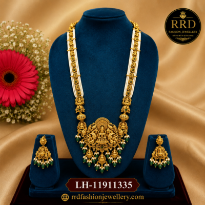 Premium Lakshmi Pearl Mala Temple Haram Necklace Set with Green Bead Drops & Jhumka Earrings – LH-11911335