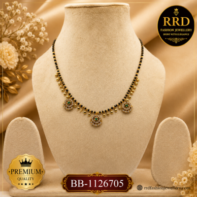 Premium Emerald AD Black Bead Floral Drop Mangalsutra Necklace – BB-1126705