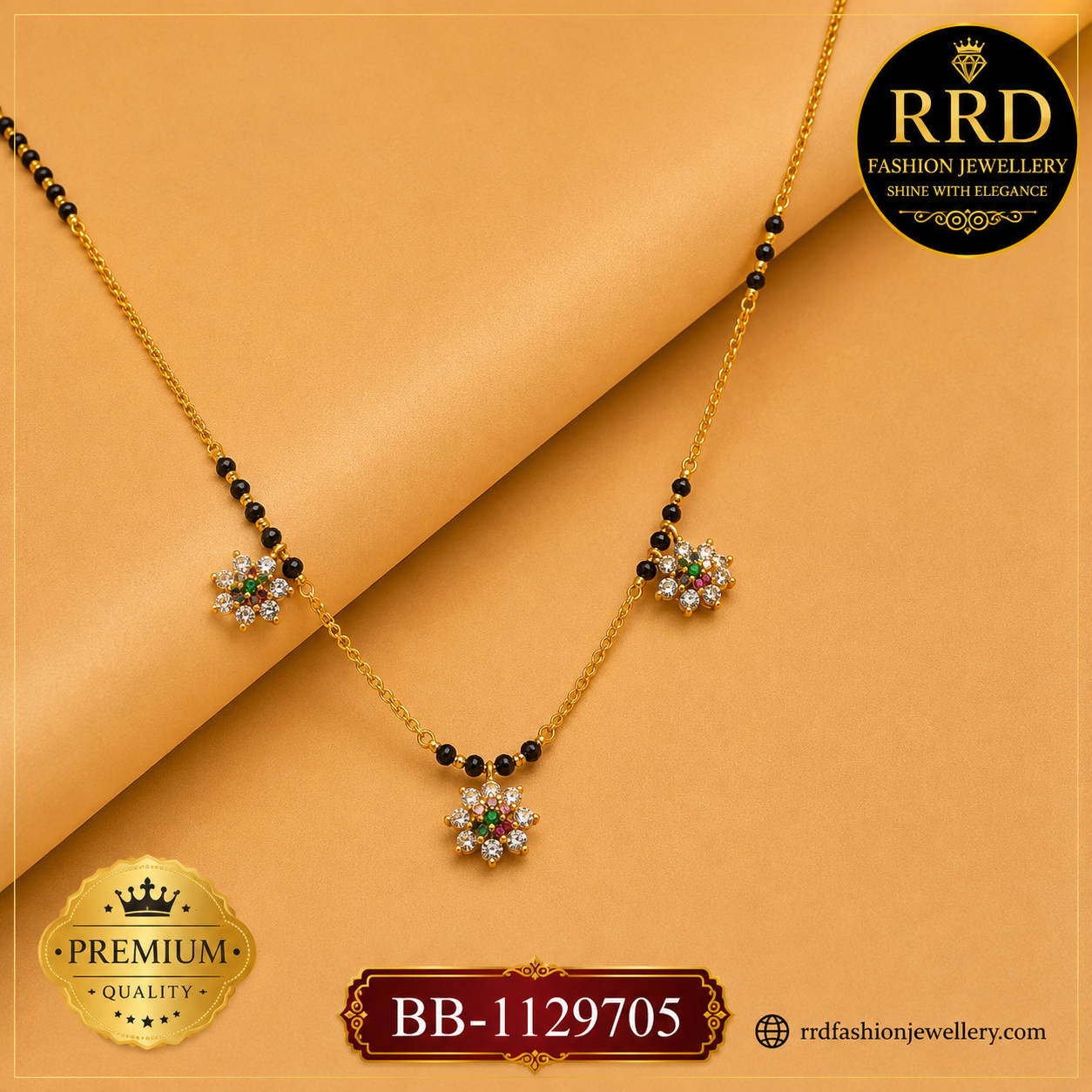 Premium Floral CZ Black Beads Mangalsutra Necklace with Multicolor Stone Motifs – BB-1129705