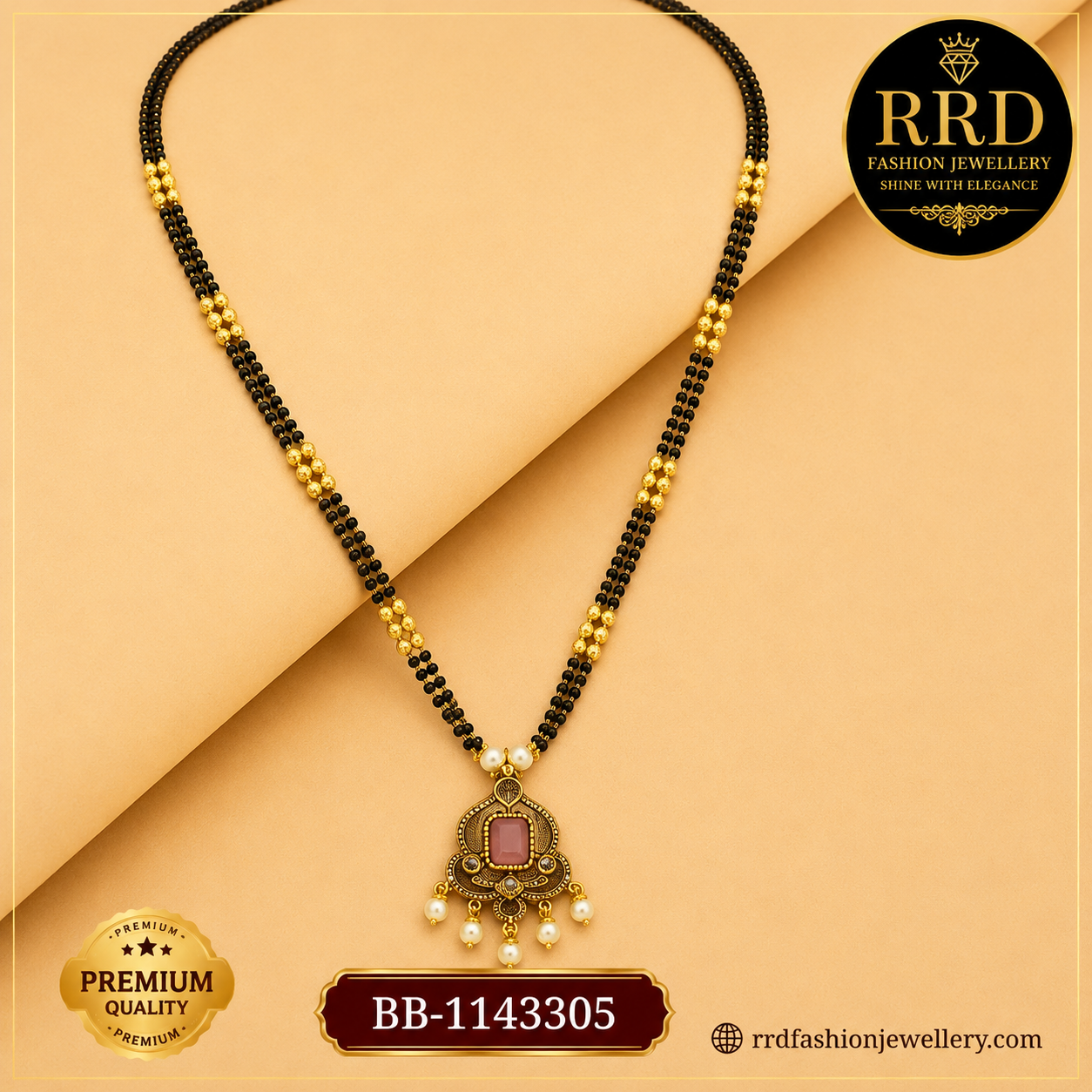 Premium Antique Ruby Pearl Drop Black Beads Mangalsutra Pendant Chain – BB-1143305