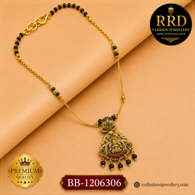 Premium Lakshmi Temple Pendant Black Beads Mangalsutra Necklace – BB-1206306