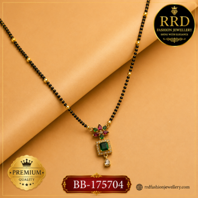 Floral Emerald AD Black Beads Mangalsutra Pendant Necklace – BB-175704
