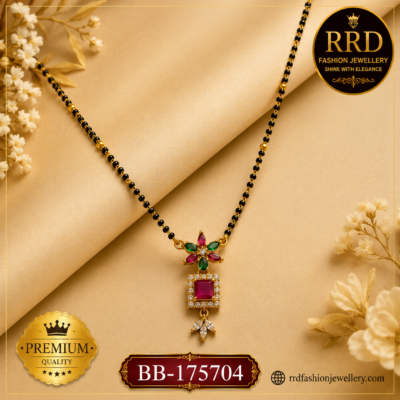 Premium Floral Ruby & Emerald AD Black Bead Mangalsutra Pendant Necklace – BB-175704
