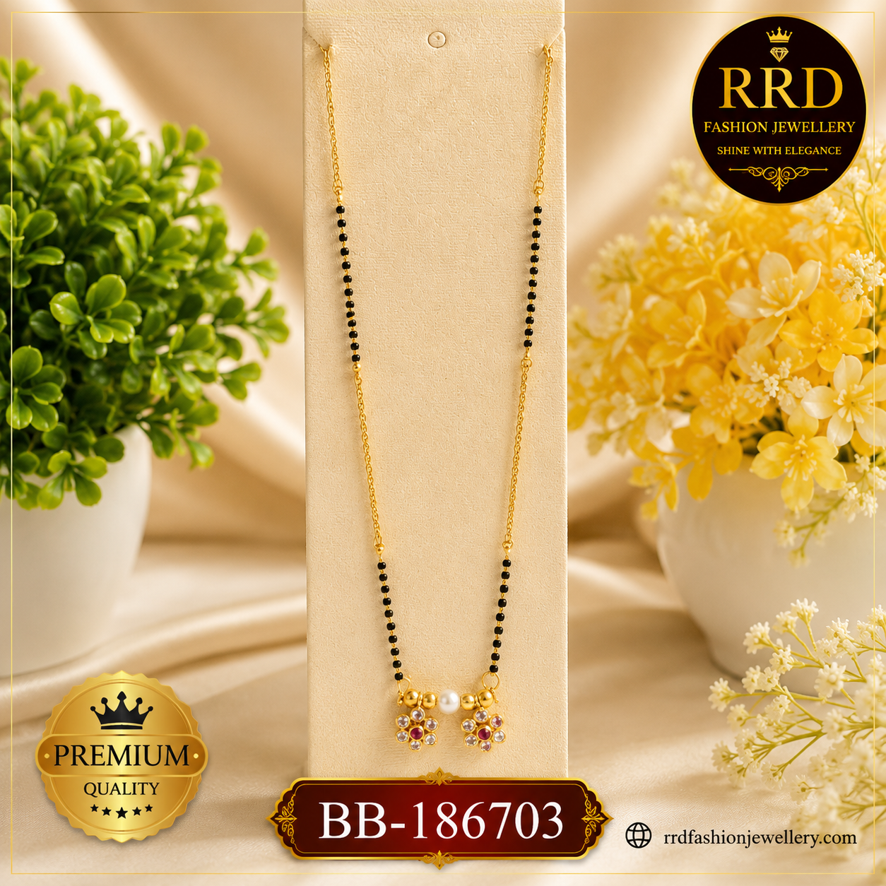 Premium Floral Ruby Pearl Black Bead Mangalsutra Necklace – BB-186703