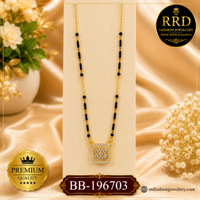 Premium American Diamond Square Pendant Black Beads Mangalsutra Necklace – BB-196703