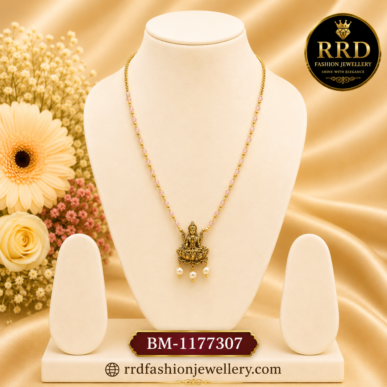 Pink Beaded Lakshmi Lotus Pendant Chain Necklace for Women – BM-1177307