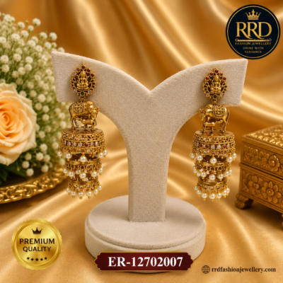 Premium Lakshmi Cow Temple Jhumka Earrings with Pearl Layers – ER-12702007