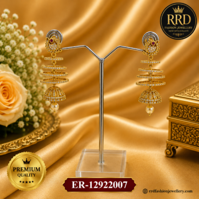 Premium CZ Layered Spiral Jhumka Earrings with Pearl Drop – ER-12922007