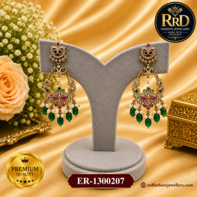 Premium Peacock AD Chandbali Earrings with Emerald Bead Drops for Women – ER-1300207
