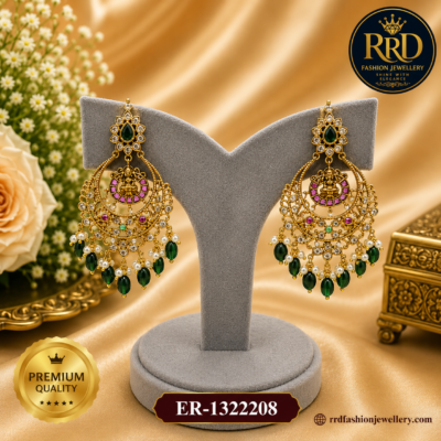 Premium Lakshmi Temple Chandbali Earrings with Emerald Bead Drops & Pearl Hangings – ER-1322208