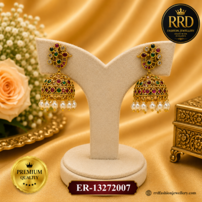 Premium Peacock Design CZ Stone Jhumka Earrings with Pearl Drops – ER-13272007