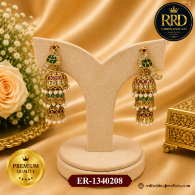 Premium Peacock Designer Long Jhumka Earrings with Pearl Layers & Kemp Stones – ER-1340208