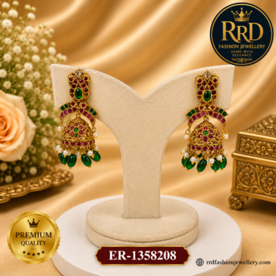Premium Kemp Stone Jhumka Earrings with Emerald Bead Drops & Pearl Hangings – ER-1358208