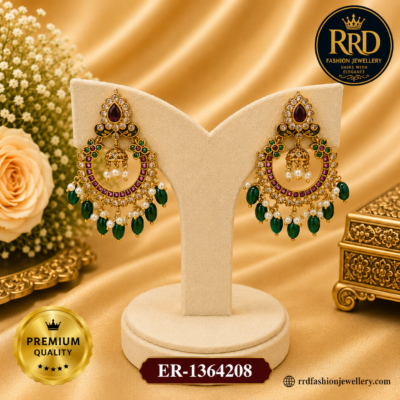 Premium Chandbali Jhumka Earrings with Emerald Bead Drops & Pearl Hangings – ER-1364208