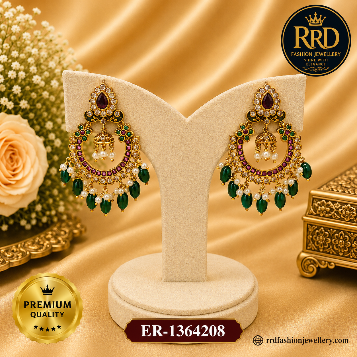 Premium Chandbali Jhumka Earrings with Emerald Bead Drops & Pearl Hangings – ER-1364208