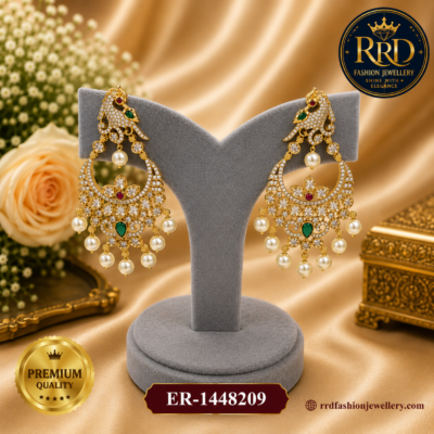 Premium White AD Peacock Chandbali Pearl Drop Earrings for Women – ER-1448209