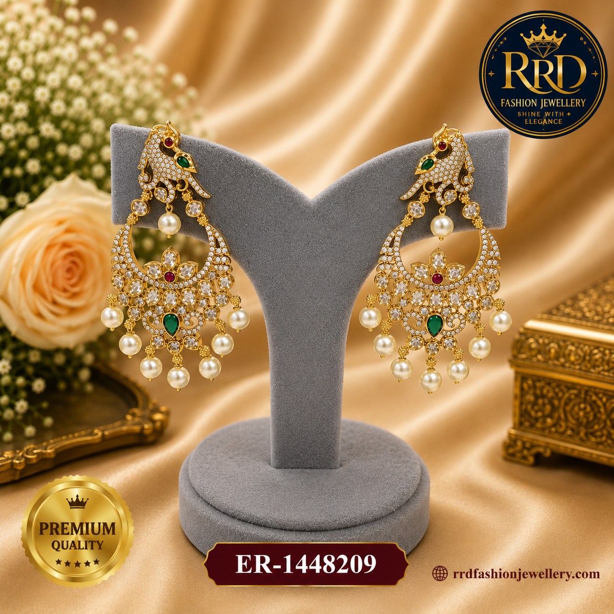 Premium White AD Peacock Chandbali Pearl Drop Earrings for Women – ER-1448209