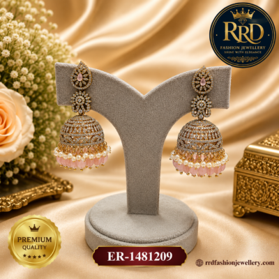 Premium AD Jhumka Earrings with Pink Bead Drops for Women – ER-1481209