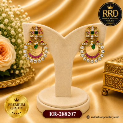 Premium AD Chandbali Earrings with Ruby Stones & Emerald Drop Accent – ER-288207