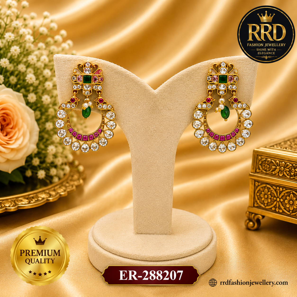 Premium AD Chandbali Earrings with Ruby Stones & Emerald Drop Accent – ER-288207