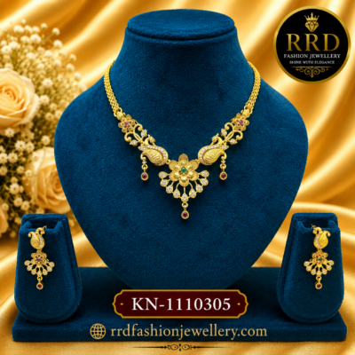 Floral Paisley CZ Short Necklace Set with Ruby & Emerald Stones – KN-1110305