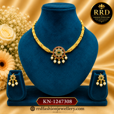 Traditional Kundan Floral Pendant Necklace Set with Emerald Stone & Pearl Drops – KN-1247308