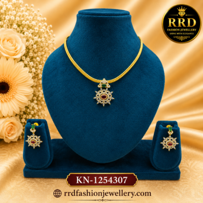American Diamond Sunburst Pendant Short Necklace Set with Earrings for Women – KN-1254307