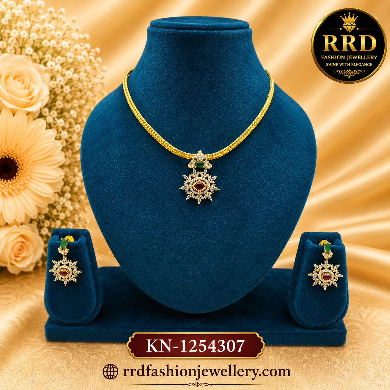 American Diamond Sunburst Pendant Short Necklace Set with Earrings for Women – KN-1254307
