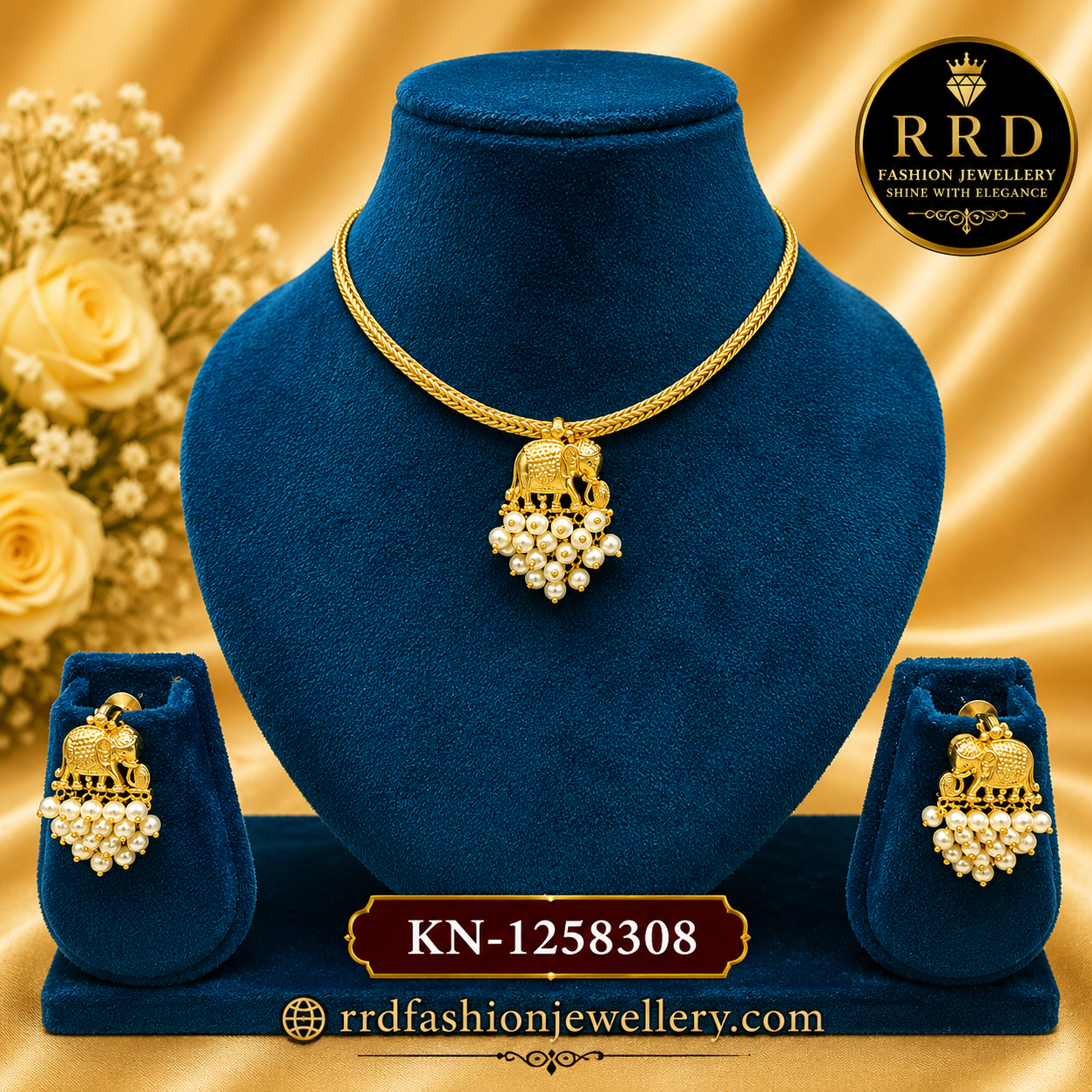 Elephant Motif Pearl Drop Pendant Necklace Set with Matching Earrings – KN-1258308
