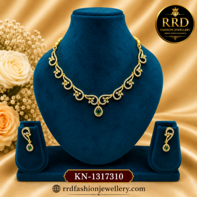 American Diamond Designer Necklace Set with Emerald Drop Pendant & Earrings – KN-1317310