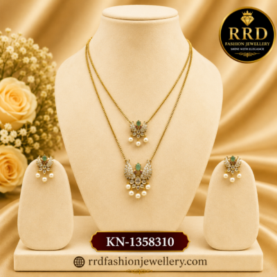 Dual Layer American Diamond Peacock Pendant Necklace Set with Emerald Stone & Pearl Drops – KN-1358310