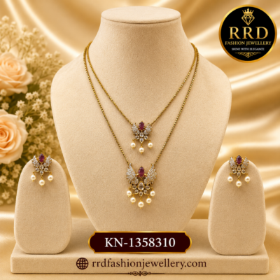 Dual Layer American Diamond Peacock Pendant Necklace Set with Ruby Stone & Pearl Drops – KN-1358310