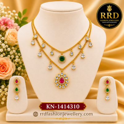 Layered American Diamond Multi Pendant Necklace Set with Ruby & Emerald Stones – KN-1414310